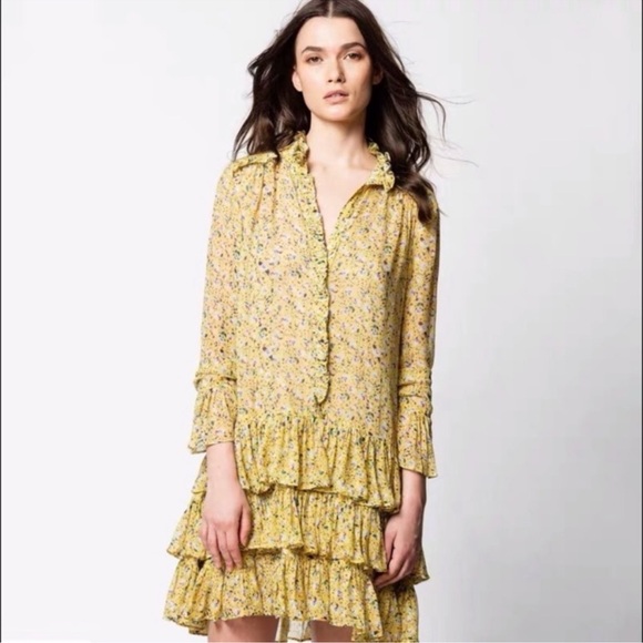 Yellow Zadig & Voltaire Dress Long Sleeve Drop Waist Very Feminine Ruffle Sleeve - Picture 7 of 8